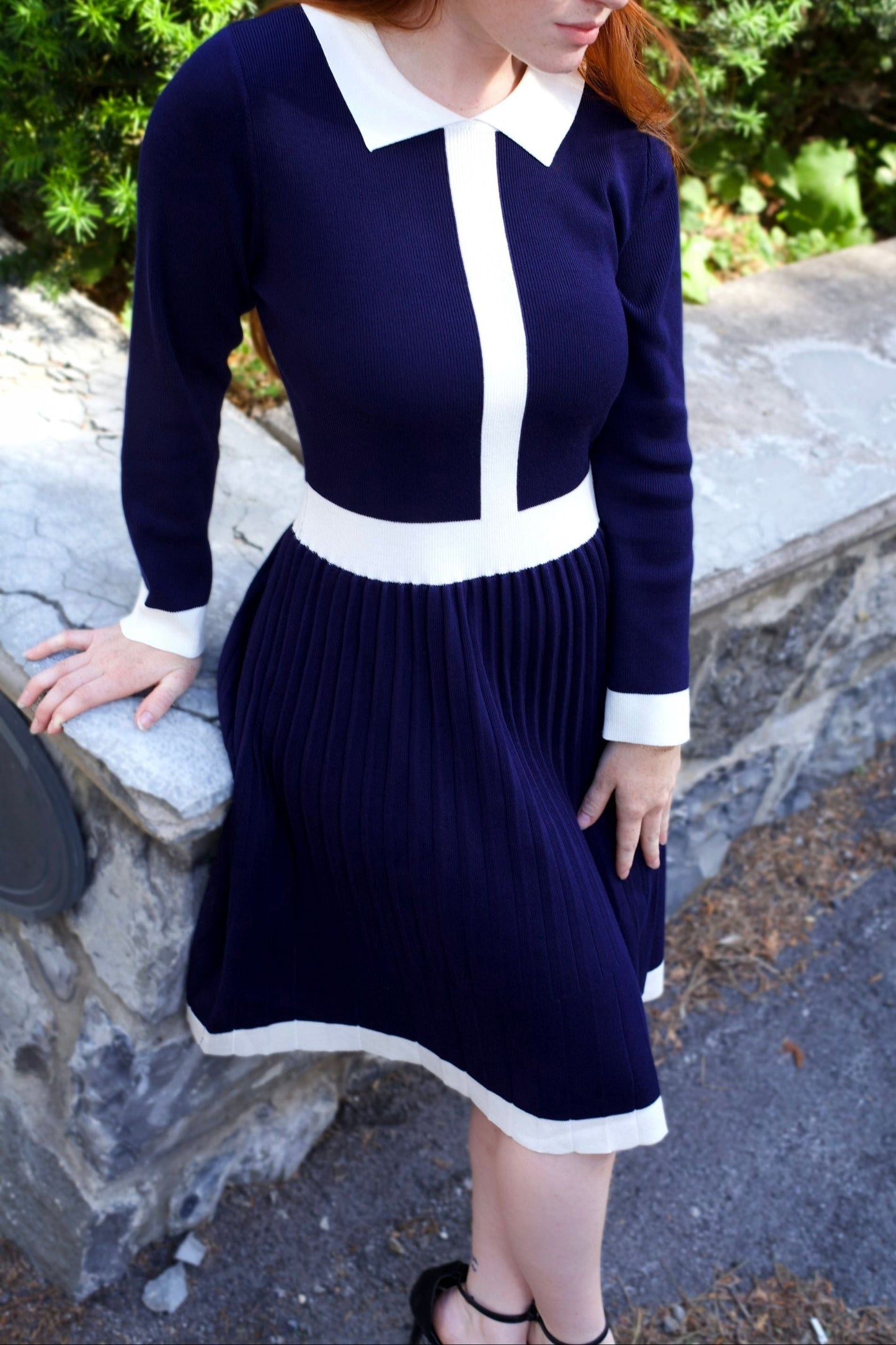 Clarissa Knit Women's Dress Contrast Trim Long Sleeves