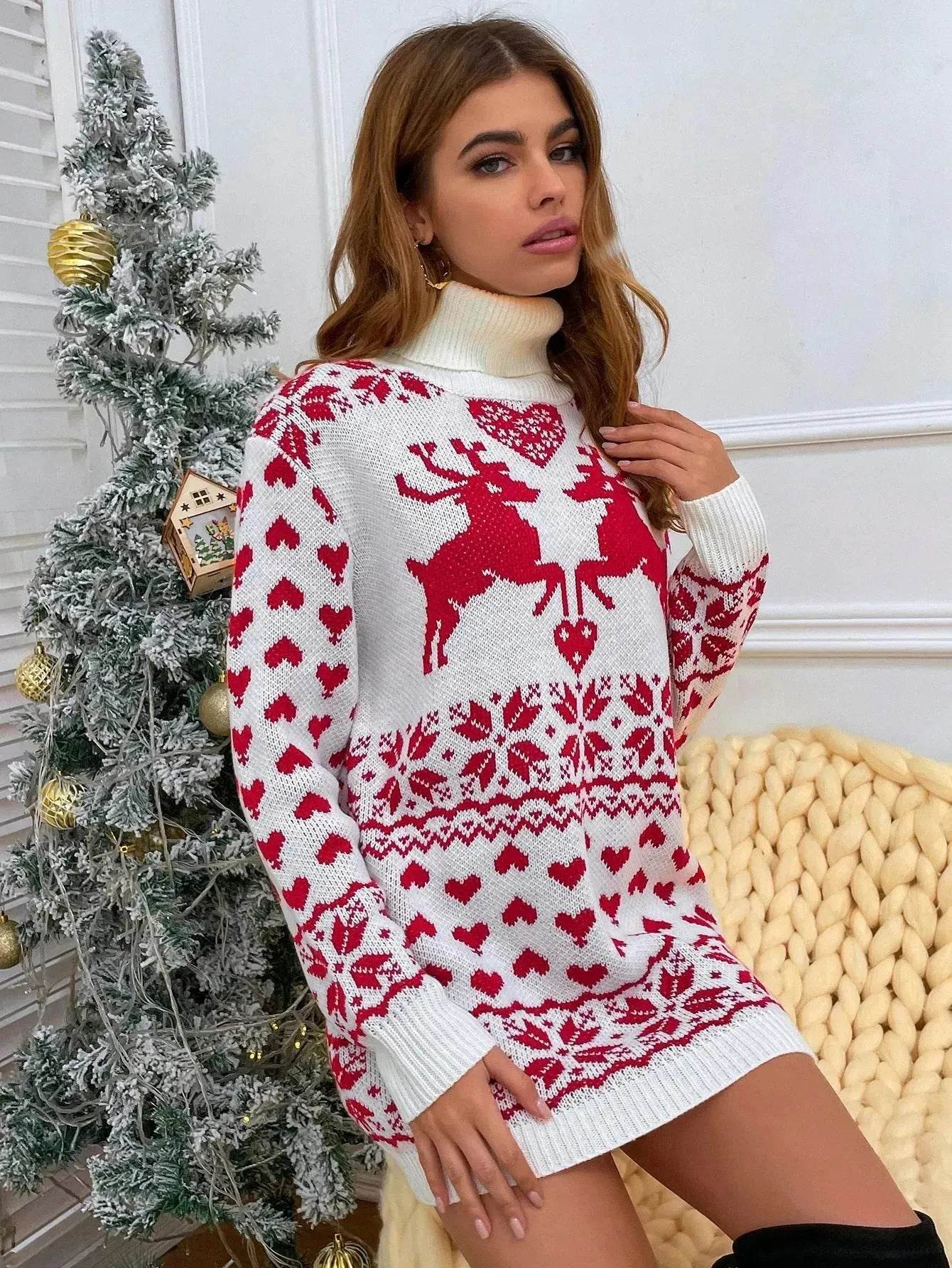 Winter Wool Mini Jumper dress Christmas Turtleneck Sweater Dress - Velora