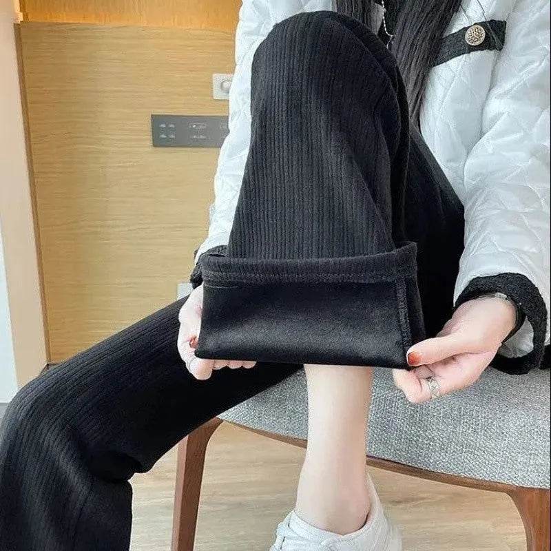 All-matching Straight Casual Fleece And Thick Slightly Flared Wide-leg trouser Pants For Women - Velora