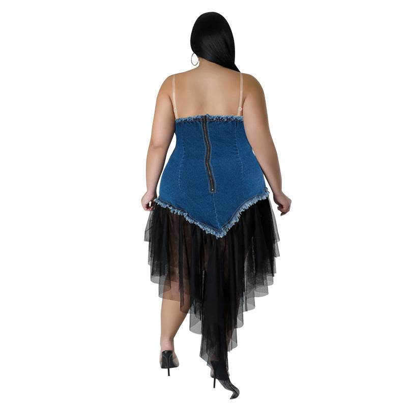 Women's Fashion Sleeveless Denim Stitching Mesh Jeans Tassel Dress - Velora