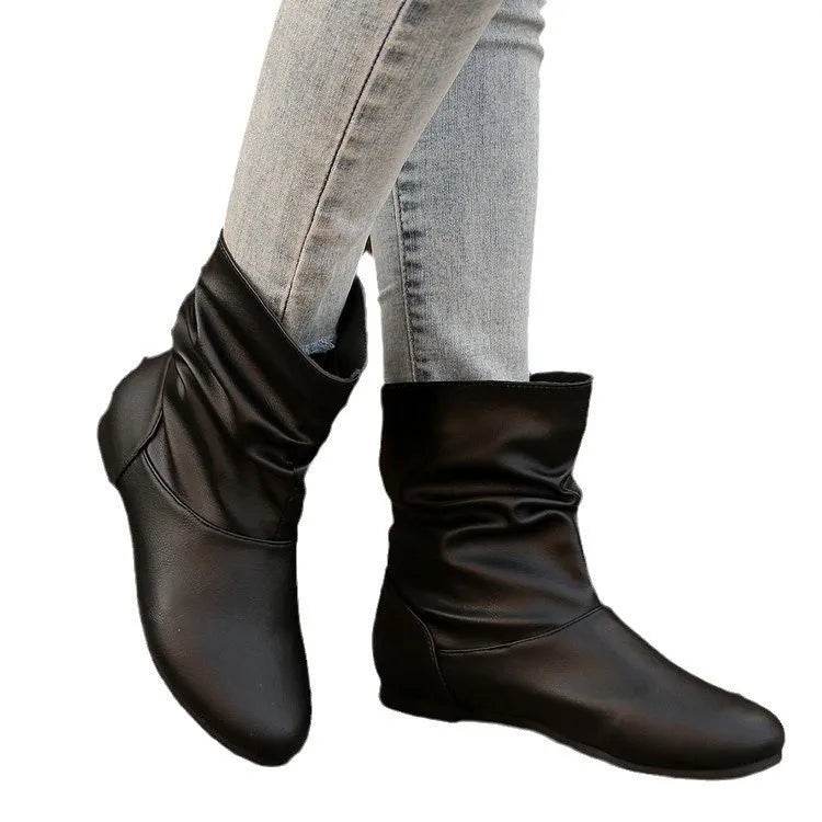 Fashion Round-toed Flat Boots Versatile Simple Slip-on Western Cowboy Boot Casual Short Shoes For Women - Velora