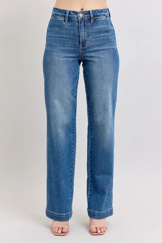 Judy Blue Full Size High Waist Contrast Thread Straight Plus Size - Velora