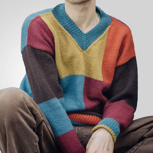 Fashion Youth Men's Knitwear V-neck Color-block Long Sleeve Pullover - Velora