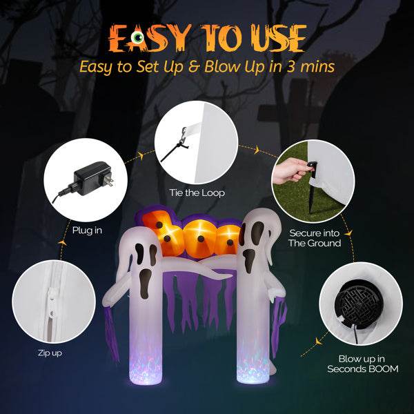 9.8ft White Ghost Arch 3 LED Lights And 2 Colorful Light Plates Halloween Inflatable Decoration - Velora