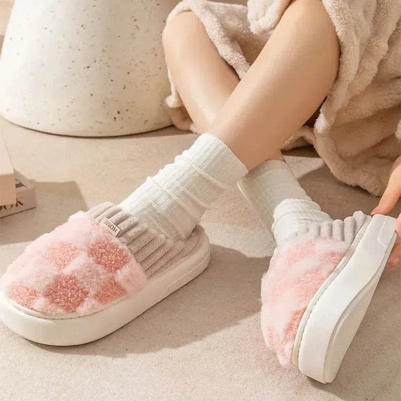 Plaid Plush Slippers Women's Indoor Plush Home Slippers Soft Sole Thick Non-Slip Warm House Shoes Couple Autumn And Winter - Velora