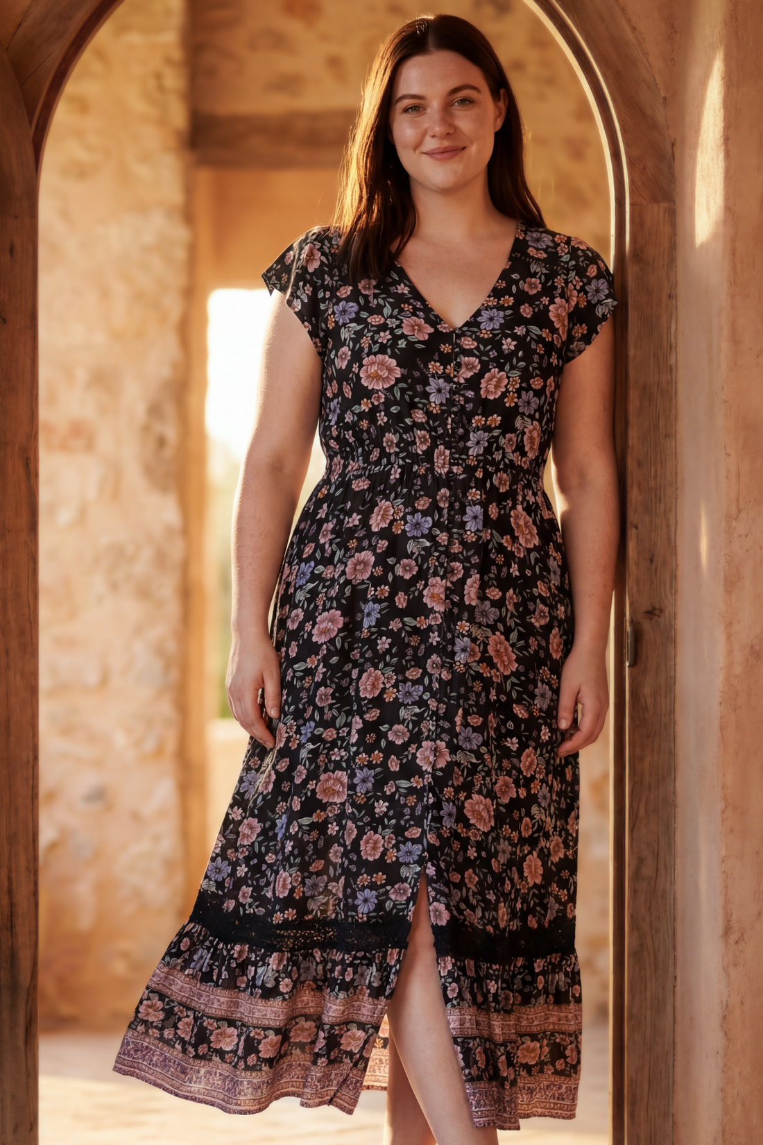 Michelle Floral Maxi Dress V-Neck Cap Sleeves