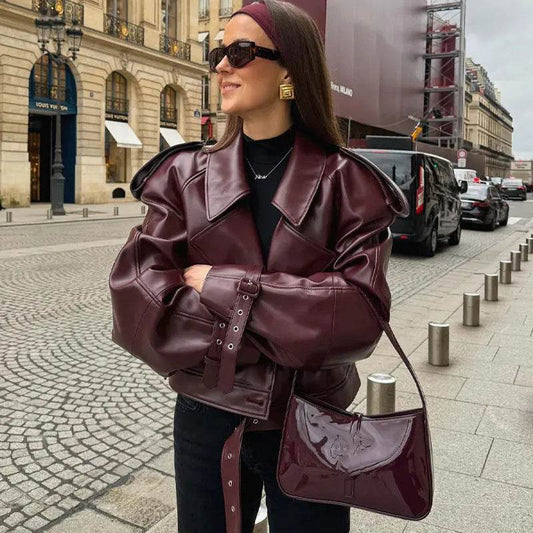 Loose Lapel Leather Jacket Fashion Cropped Tops Streetwear For Womens Clothing - Velora