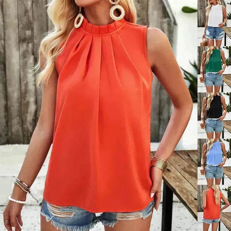 Fashion Sleeveless Top Summer Elegant Pleated Halter Neck Top for Women Classy High Neck Top - Velora