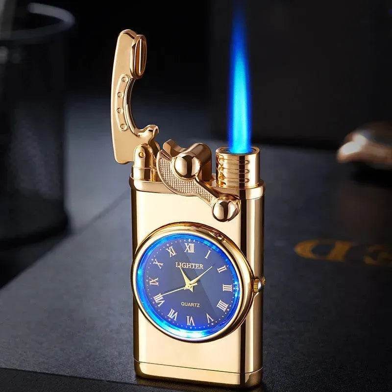 New Lighter With Electric Watch Rocker Arm Automatic Ignition Straight Blue Flame Lighter Creative Real Dial Inflatable Windproof Cigar Lighter Men's Watch Gift - Velora