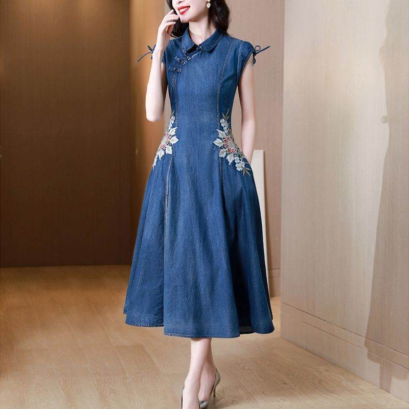 New Modified Version Denim Jeans Flared Midi Dress Female Machine Embroidery Retro - Velora
