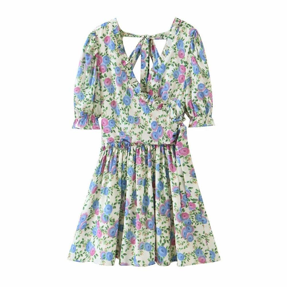 Women Summer Green Floral Chiffon Dresses Holiday Puff Short Sleeve V-Neck Back Lace Up Design Wrap One Piece Dress - Velora