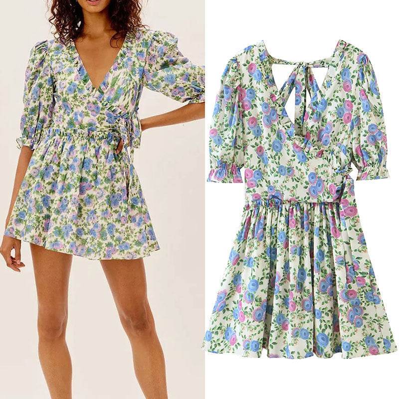 Women Summer Green Floral Chiffon Dresses Holiday Puff Short Sleeve V-Neck Back Lace Up Design Wrap One Piece Dress - Velora