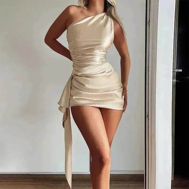 One-shoulder Sleeveless Mini Dress Charming Slim Backless Party Wedding Satin Dresses Womens Clothing - Velora