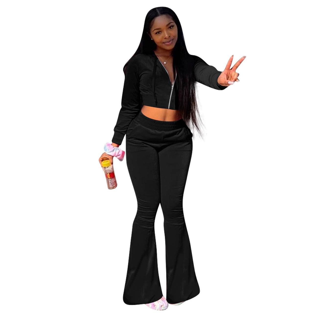 Women 2pcs Velvet Hoodie Wide leg Pant Crop top sweatsuit Athleisure Outfit - Velora