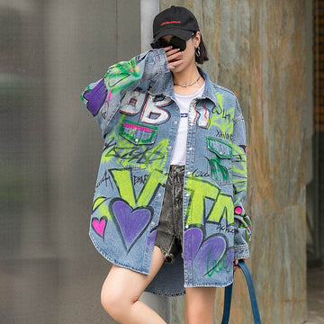 Oversized Graffiti Print Denim Jacket Women Loose Fried Street fashion