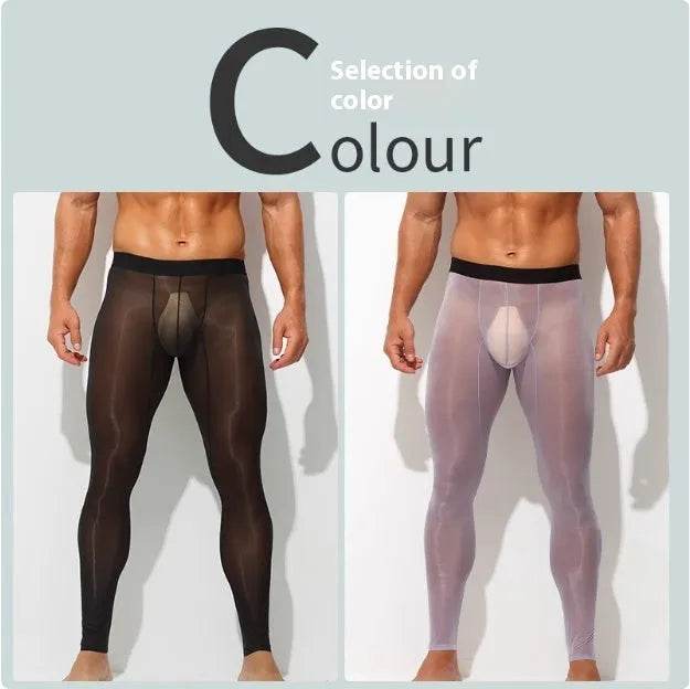 Men's Ultra thin Ice Silk Long John Skinny Flesh Nude Reflective Slim Leggings
