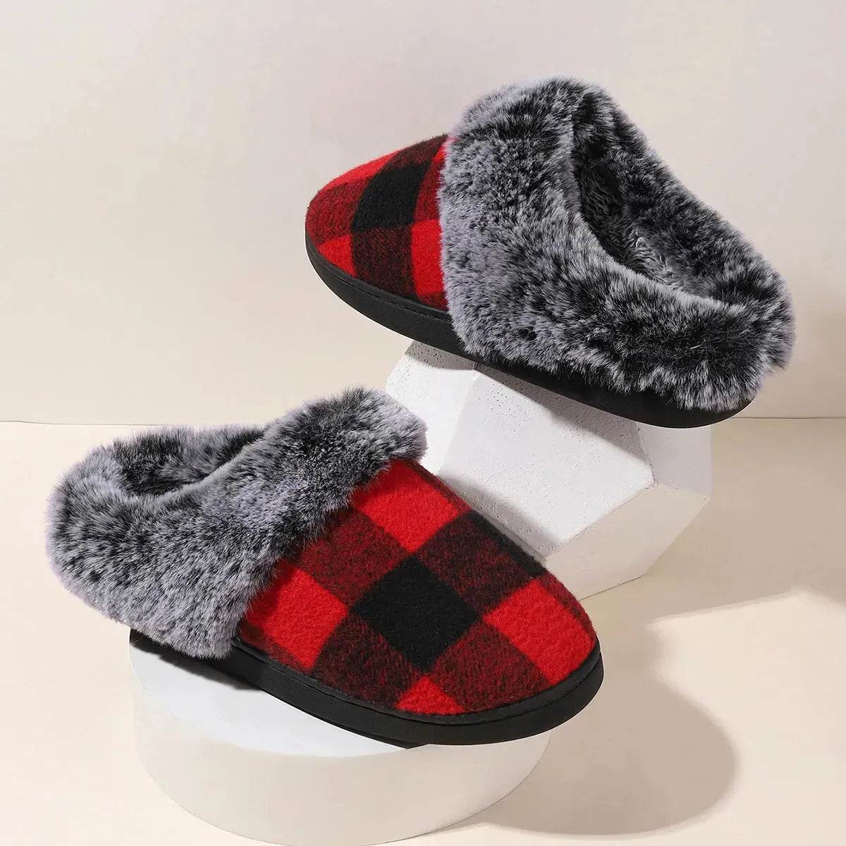 Winter Warm Plaid Plush Slippers Home Indoor Non-slip Bedroom Floor Soft Fuzzy Slipper For Couple Fashion Solid House Shoes - Velora