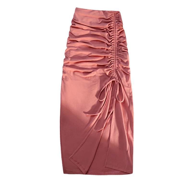Women's drawstring Side Slit Pleated Hip Midi Skirt - Velora