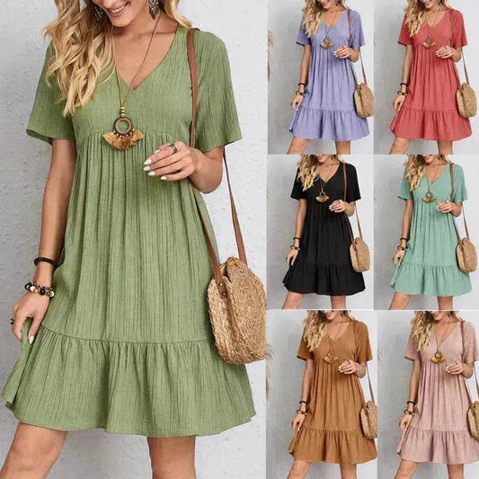 Summer Beach V-neck Dresses Women's Loose Casual Short-sleeved Loose Skater Dress for Chic Ladies - Velora