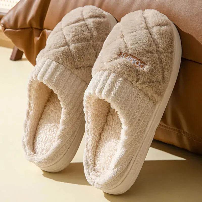 Solid Rhombic Letter Home Slippers Winter Warm Non-slip Floor Bedroom Plush Slipper For Couple House Shoes Women Men - Velora