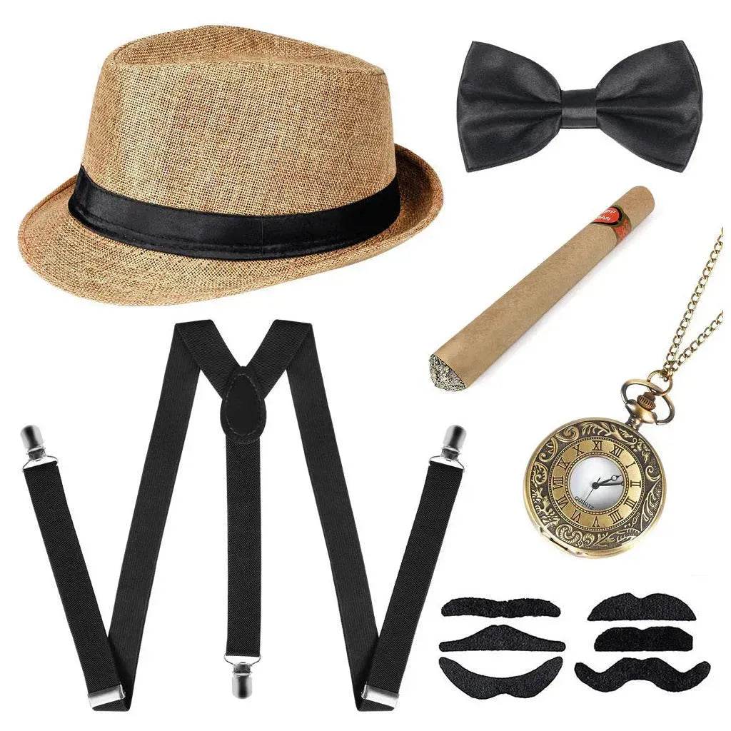 Party Men's Top Hat Pipe Pocket Watch Strap Tie Fake Cigar Set - Velora