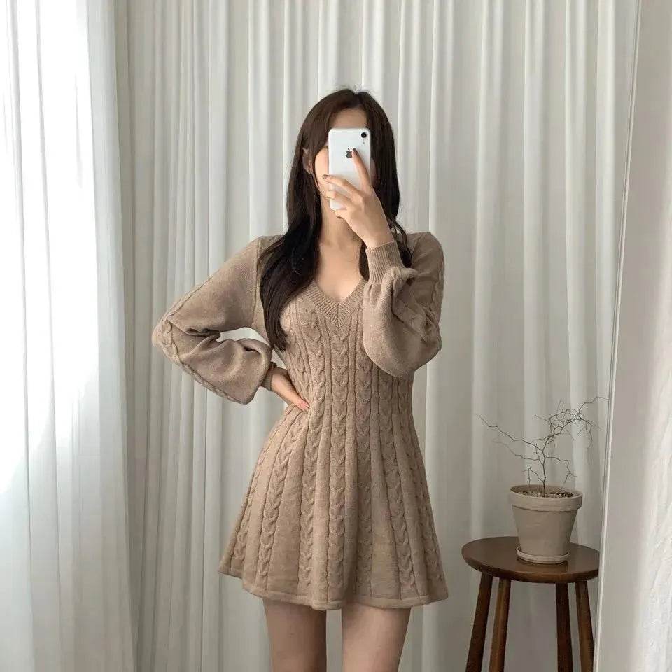 Fashionable Autumn Winter Mini Flared Knitted Sweater Dress - Velora