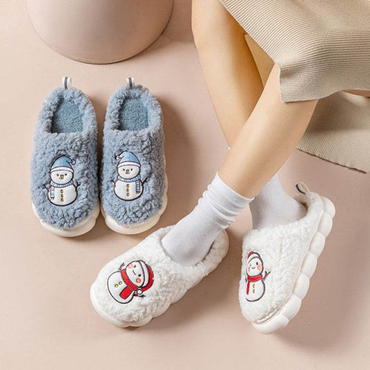 Cute Snowman Slippers Winter Indoor Household Warm Plush Thick-Soled Anti-slip Couple Home Slipper Soft Floor Bedroom House Shoes - Velora