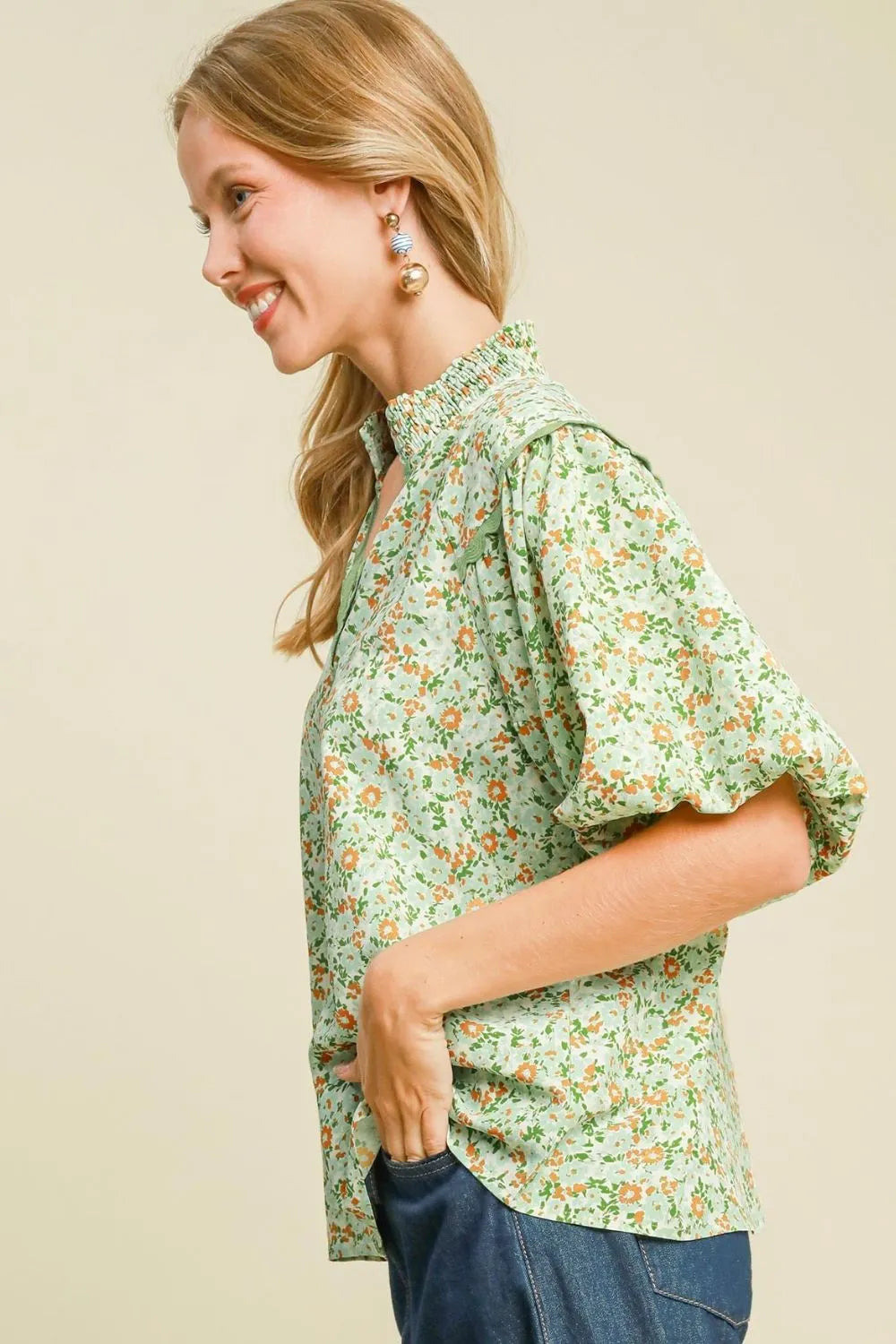 Umgee Full Size Floral Print Puff Sleeve Top Plus Size - Velora