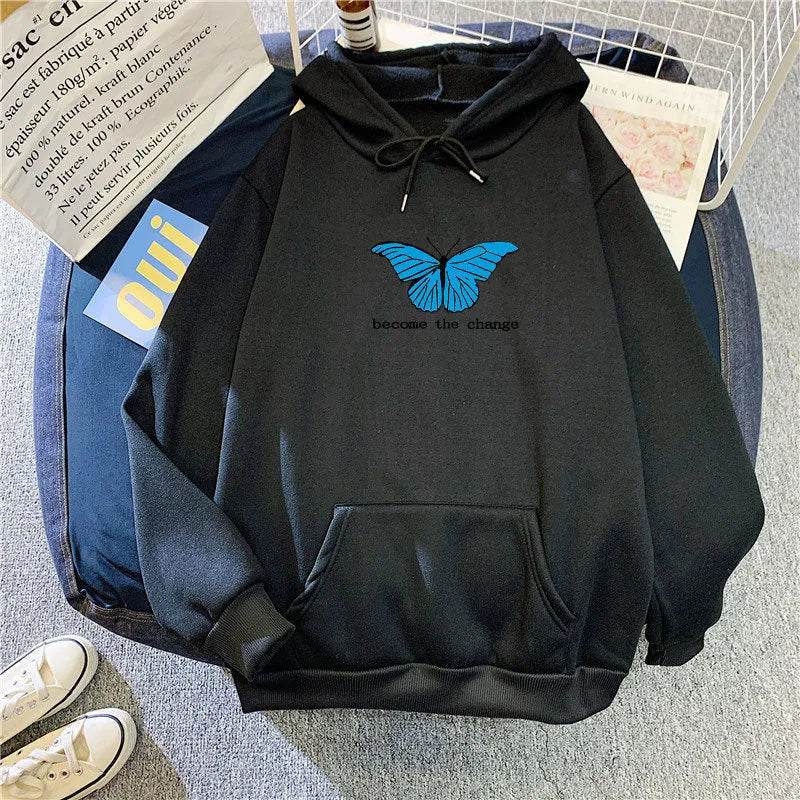 Women Single Butterfly Autumn And Winter Loose Hoodie Pullover sweatshirt - Velora