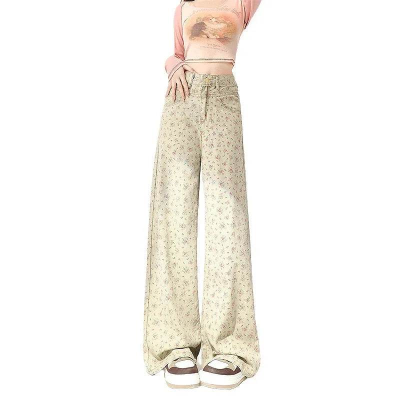 Mint Mambo Green Floral Baggy Jeans Pant For Women - Velora