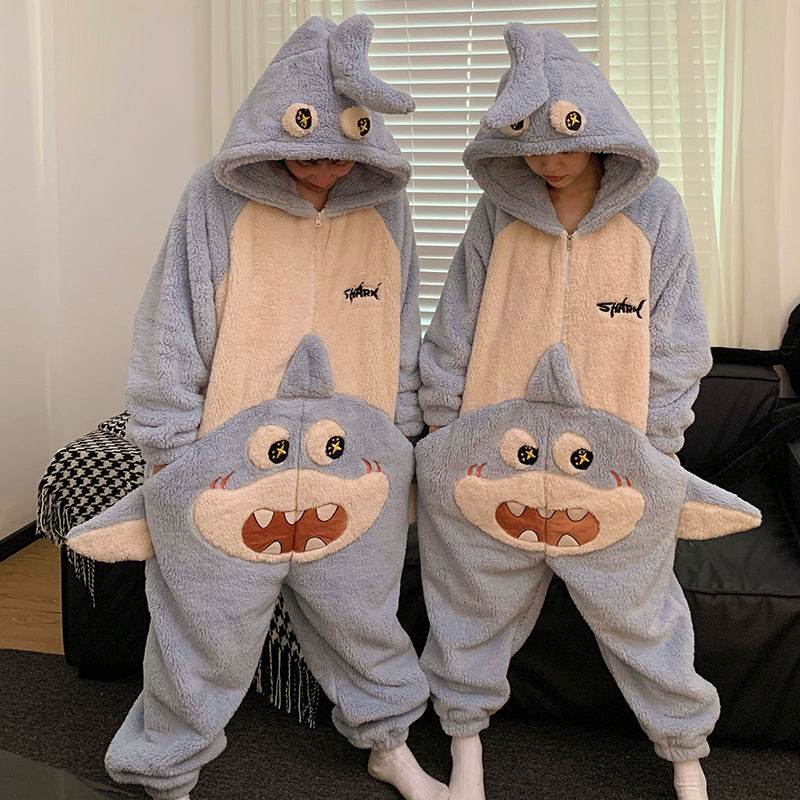 Cute Cartoon Jumpsuit Homewear Couple One-piece Nightgown Coral Fleece Winter Thickened Plush Pajamas For Women Home Clothes - Velora