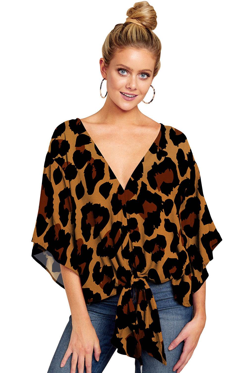 New V Neck Blouse Women Leopard Print Floral Tie Front Blouses Batwing Summer Oversize Ladies Tops - Velora