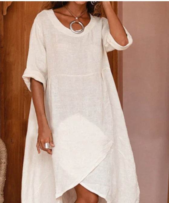 Women Maxi Dress Neck Pocket Summer Loose Casual Baggy Robe Female Retro Long Dresses - Velora