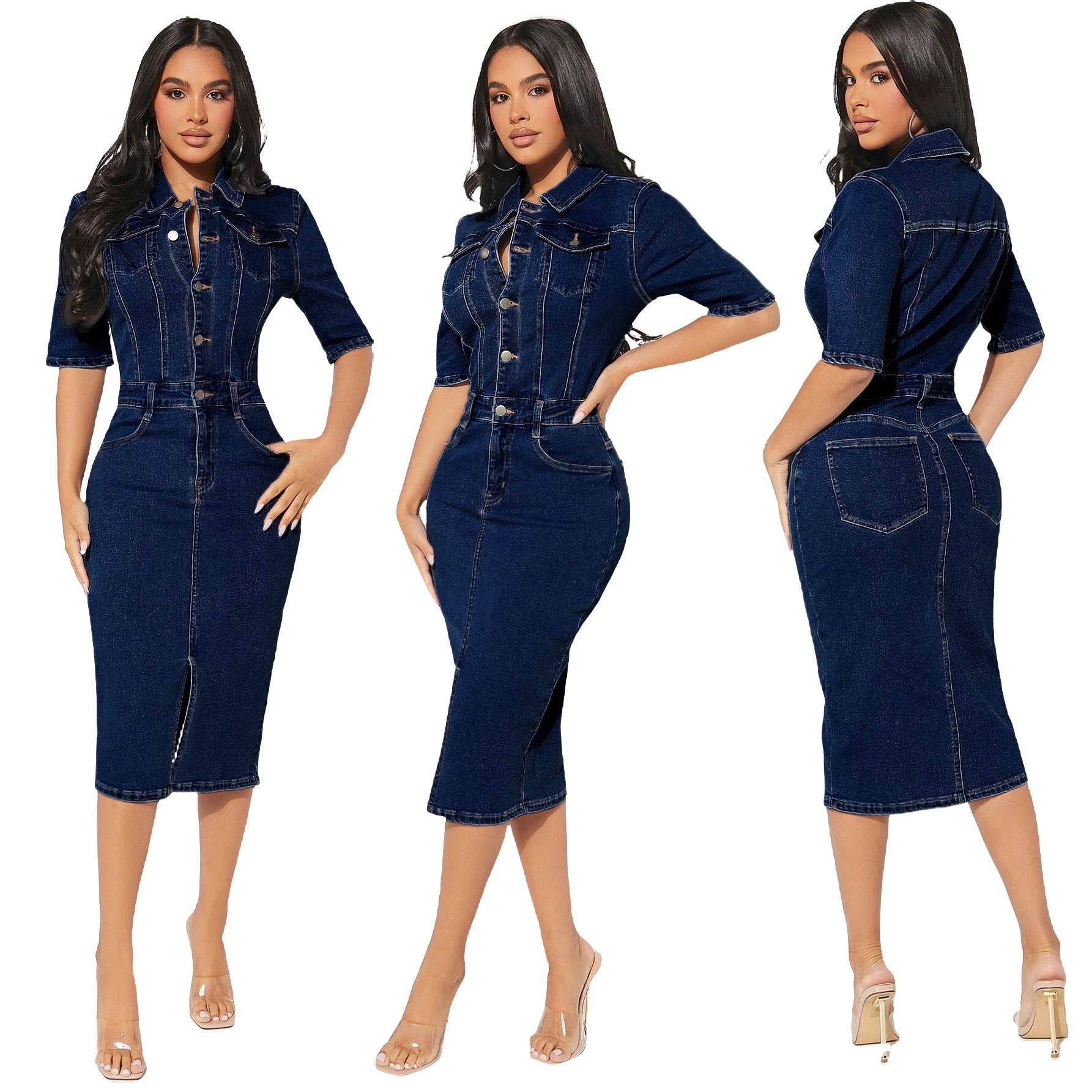 Women's Fashion Personality fitted Denim Hip-wrapped Jeans Midi straight cut front split Dress - Velora