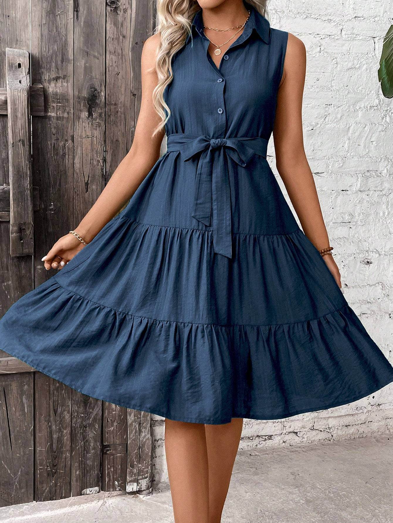 Ruffle Hem Belted Shirt Dress Maxi Vacation Beach Outfits Women - Velora