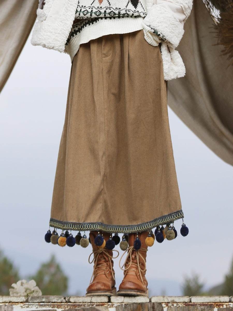 Corduroy Ethnic Style Fur Ball Stitching Brown High Waist Tassel Versatile Maxi Skirt - Velora