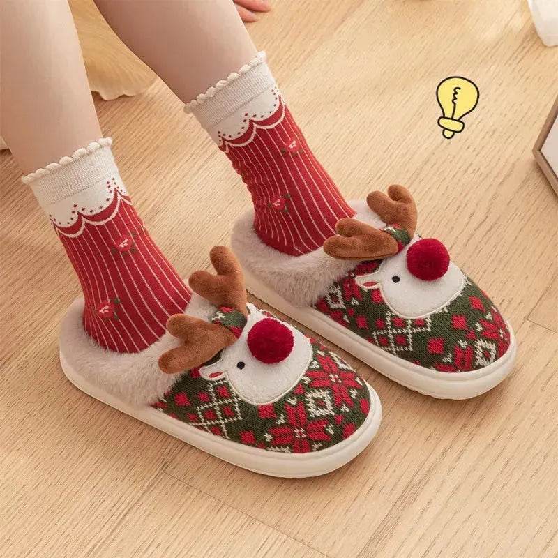 Cute Christmas Elk Plush Slippers Winter Ins Fashion Non-slip Floor Bedroom Home Slippers For Women Fuzzy House Shoes - Velora