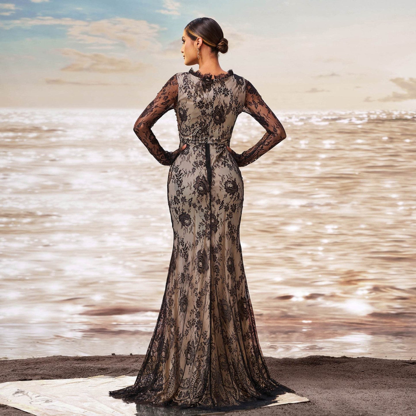 Elegant Long Sleeve Gauze Sheath Fishtail Evening Party Dress - Velora