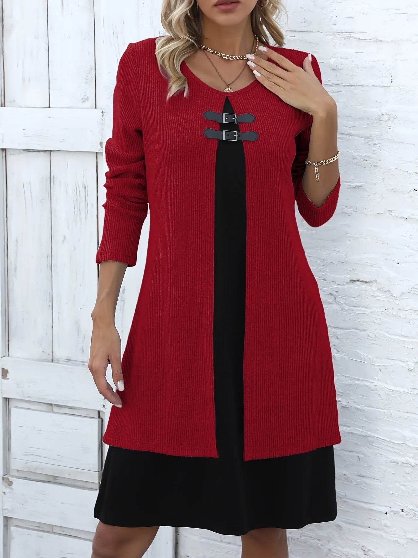 Contrast Color Buckled Round Neck Fashion Winter Sweater Dress - Velora
