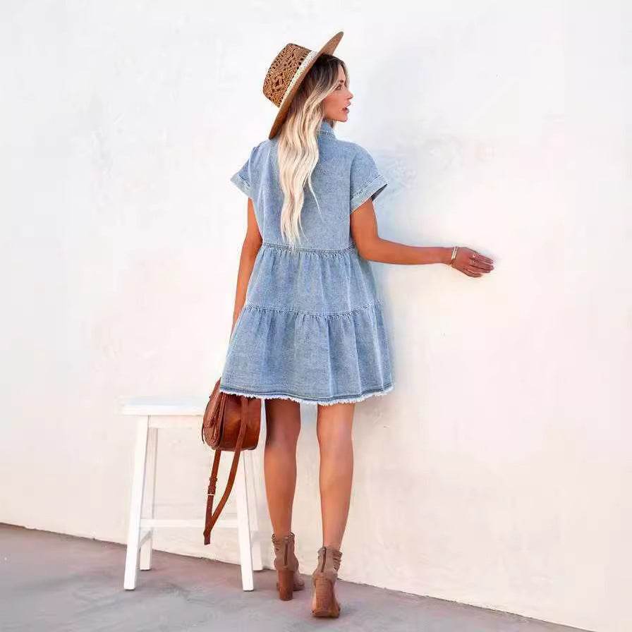 Casual Fashion Denim Short Sleeve loose mini Dress - Velora