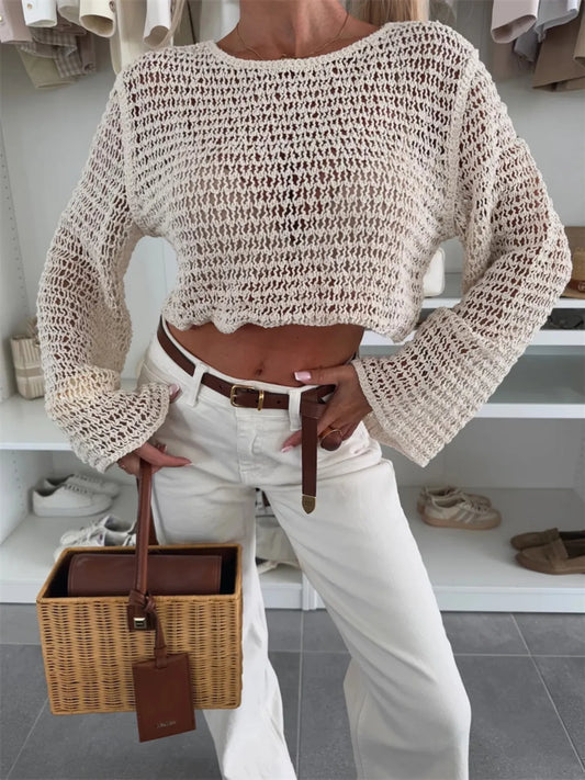 Openwork Round Neck Knit Cover Up - Velora