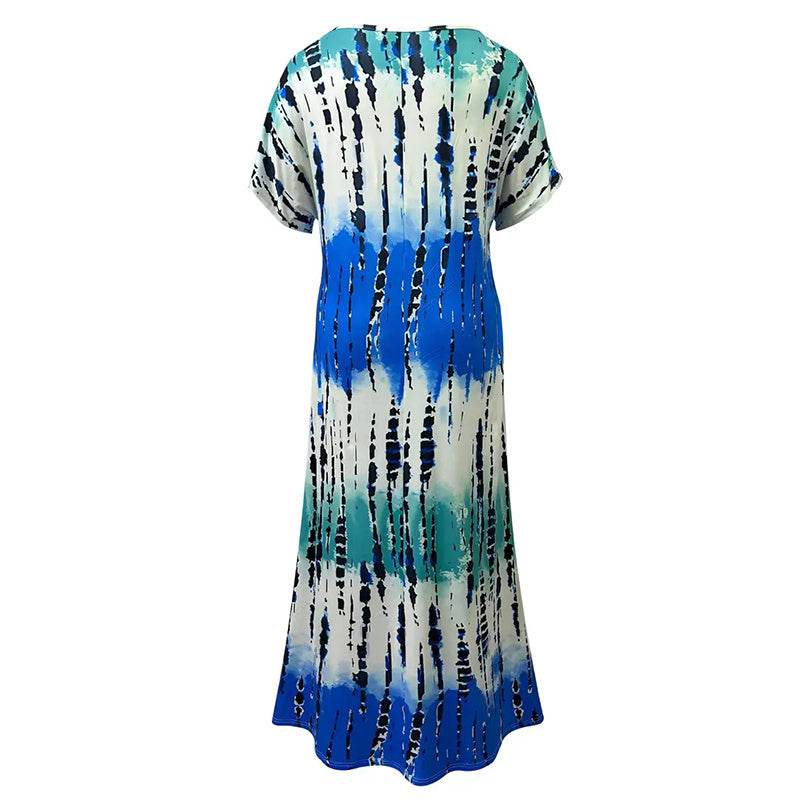 Women's Summer Tie Dye Maxi Dress Short Sleeve V Neck Casual Loose Long Split Dresses - Velora