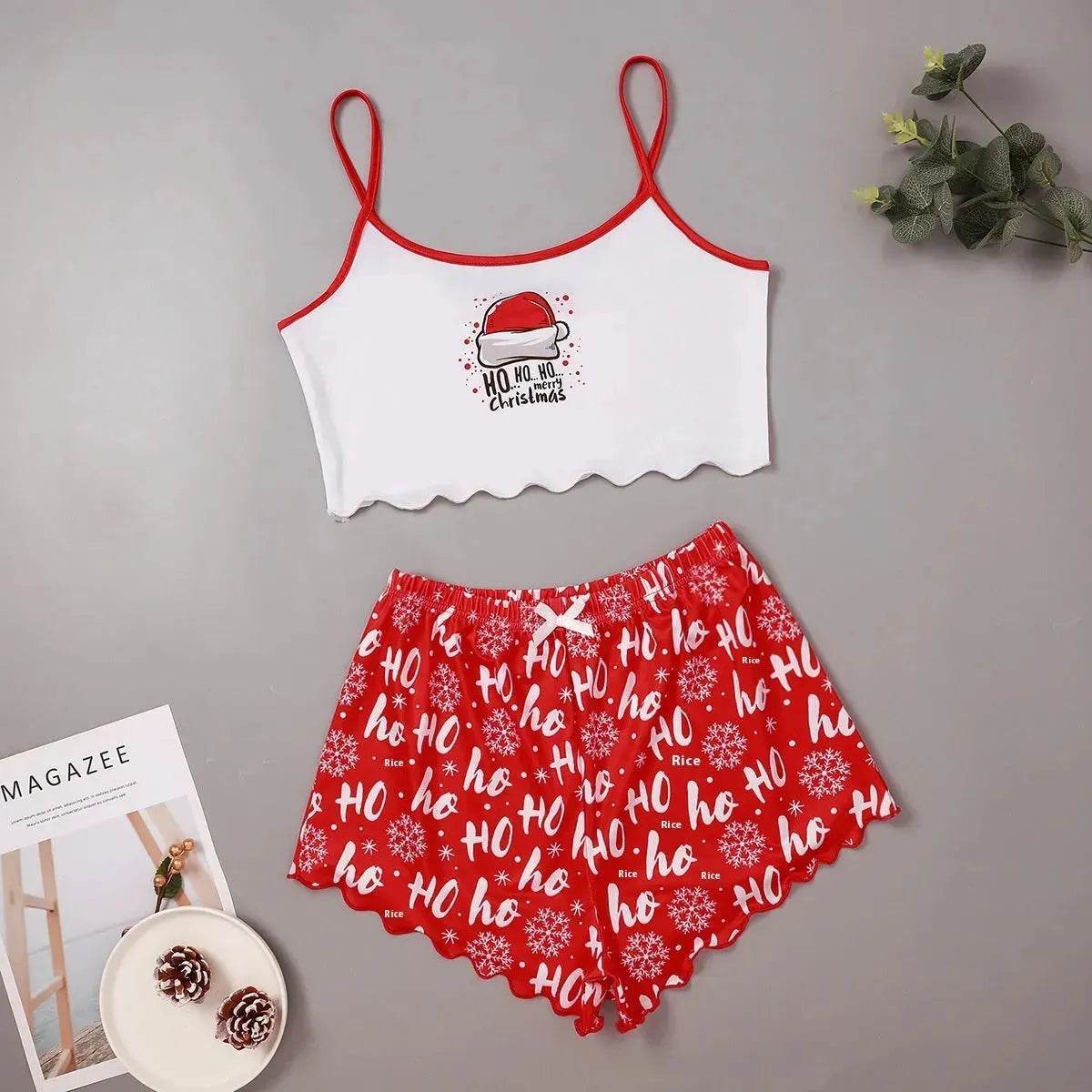 Christmas European And American Thin Pajamas Women's Sleeveless Shorts Milk Silk Simple Casual Two-piece Suit Homewear - Velora