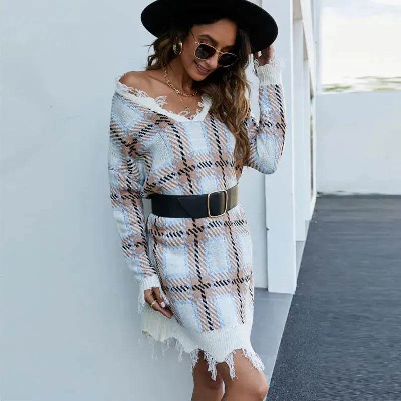 Off shoulder V-neck Pullover Knitted Mini Plaid Sweater Dress - Velora