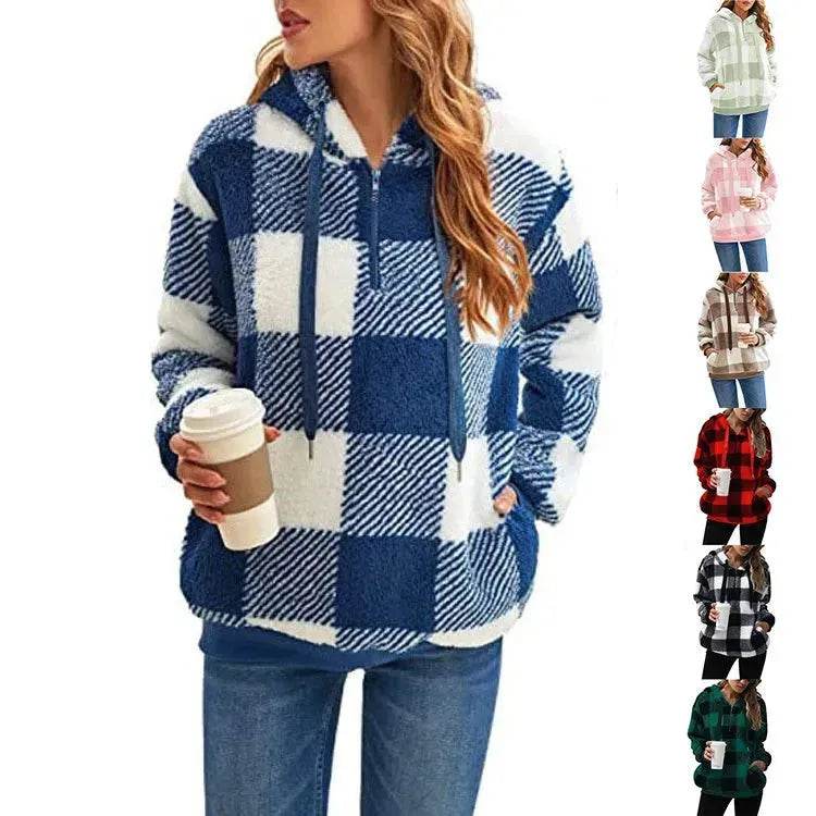 Casual Thick Fleece Plush half zip Plaid Hoodie Pullover top for women - Velora