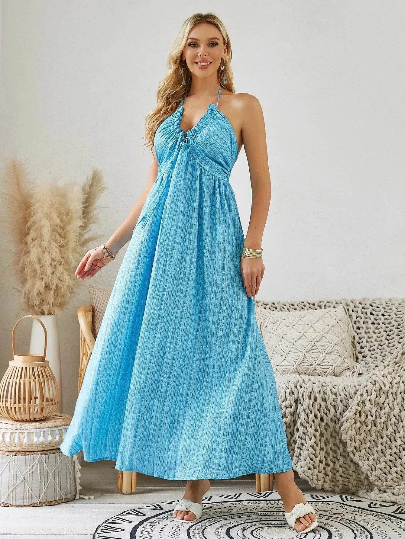 Bohemian Halter Maxi Dress - Women's Summer Sleeveless Flowy Beach Dress - Velora