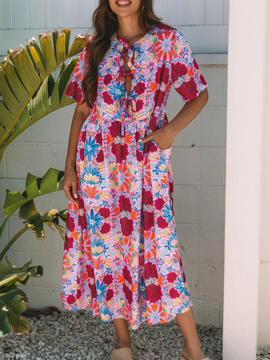 Floral Print Tie Front Midi Dress - Velora