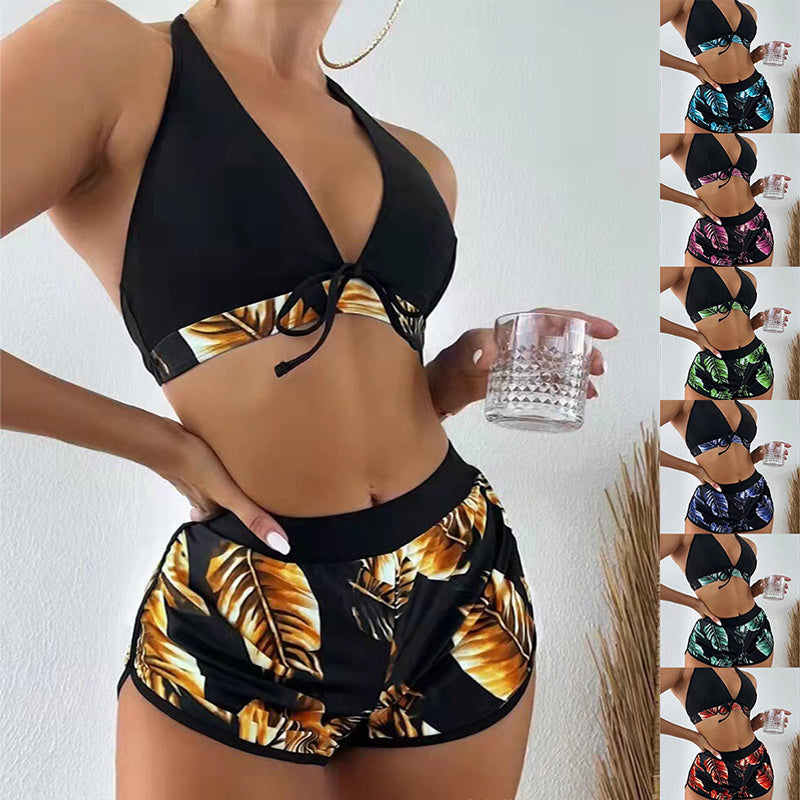 3pcs Leaf Print Bikini With Shorts Fashion Summer Beach Swimsuit Womens Clothing - Velora Luxury Fashion
