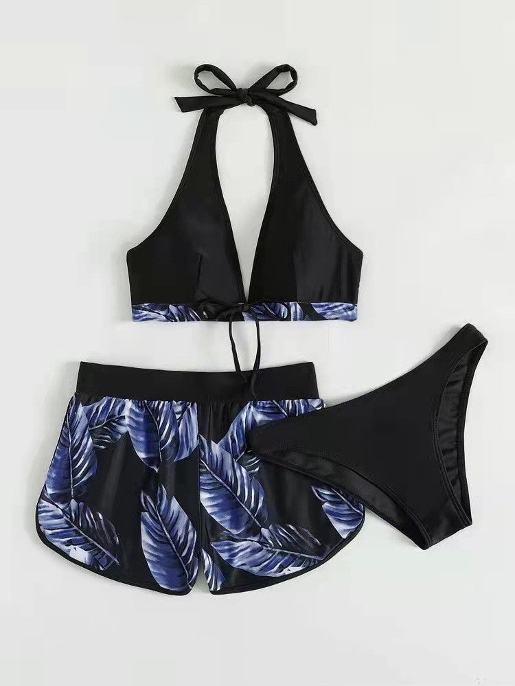 3pcs Leaf Print Bikini With Shorts Fashion Summer Beach Swimsuit Womens Clothing - Velora Luxury Fashion