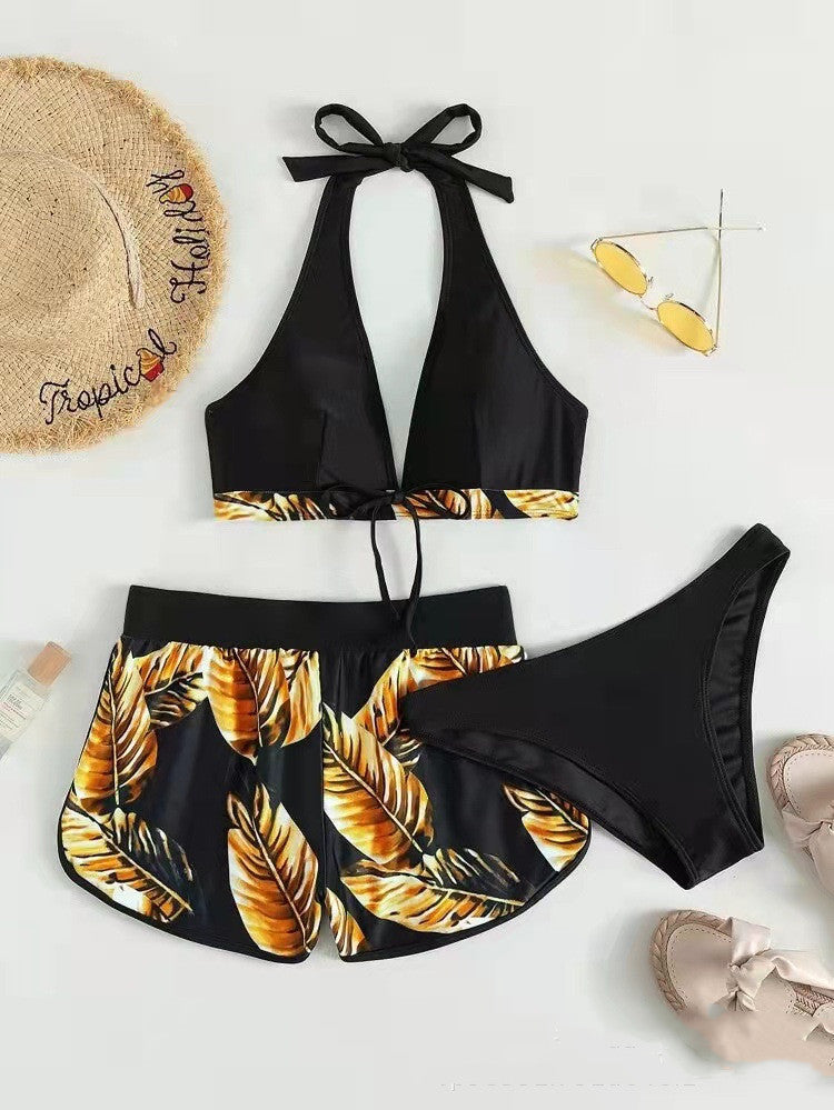 3pcs Leaf Print Bikini With Shorts Fashion Summer Beach Swimsuit Womens Clothing - Velora Luxury Fashion